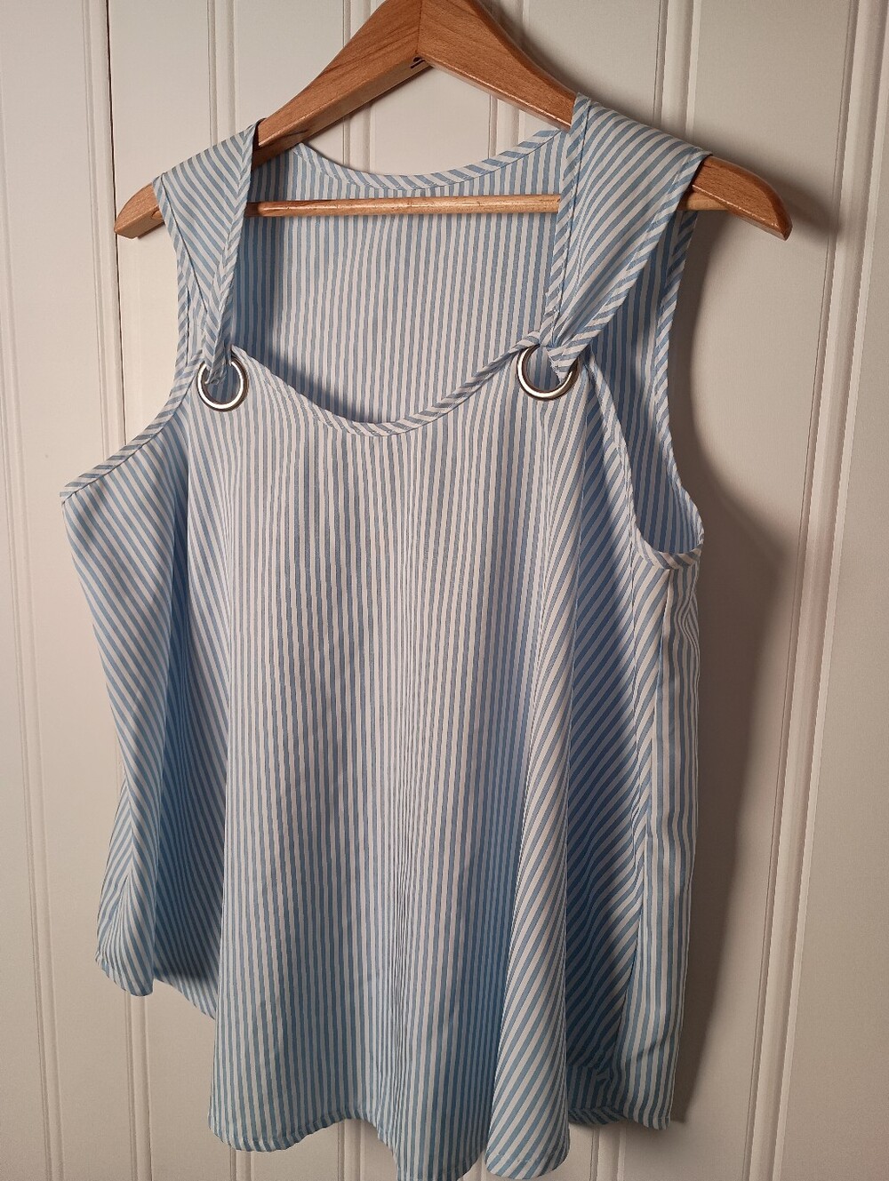 Shein- Striped Light Blue Sleeveless Tank Top with Ring Detail- Size XL